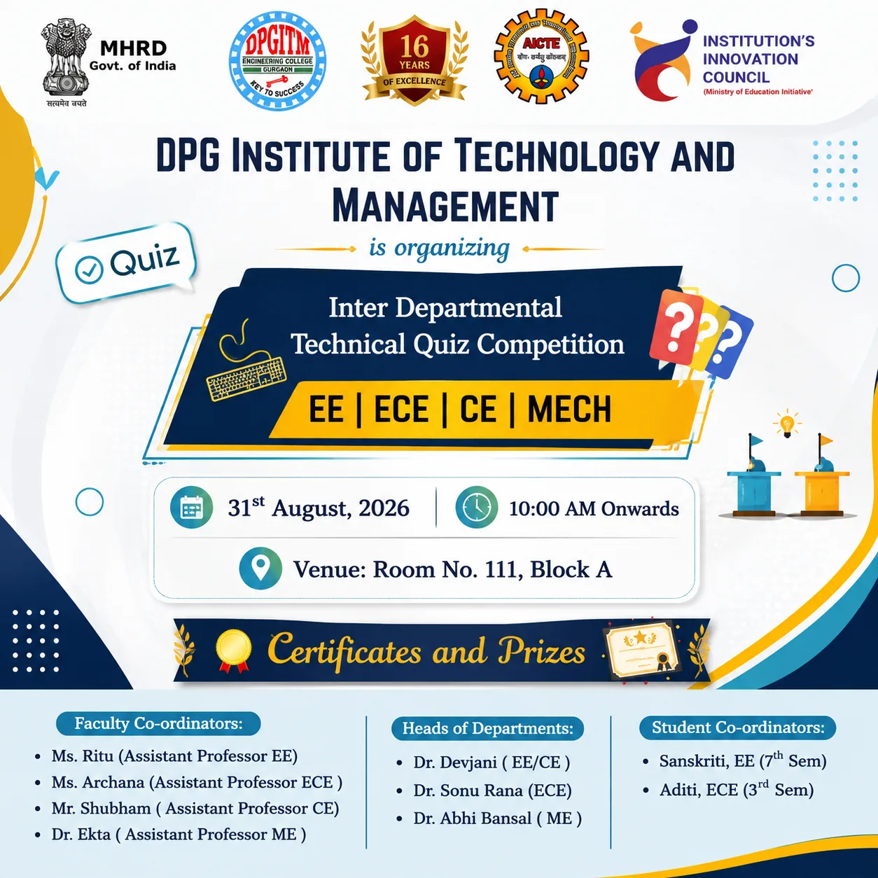 DPGITM Inter Departmental Technical Quiz Competition for EE, ECE, CE and MECH - 31 August 2026, 10:00 AM onwards, Room No. 111 Block A