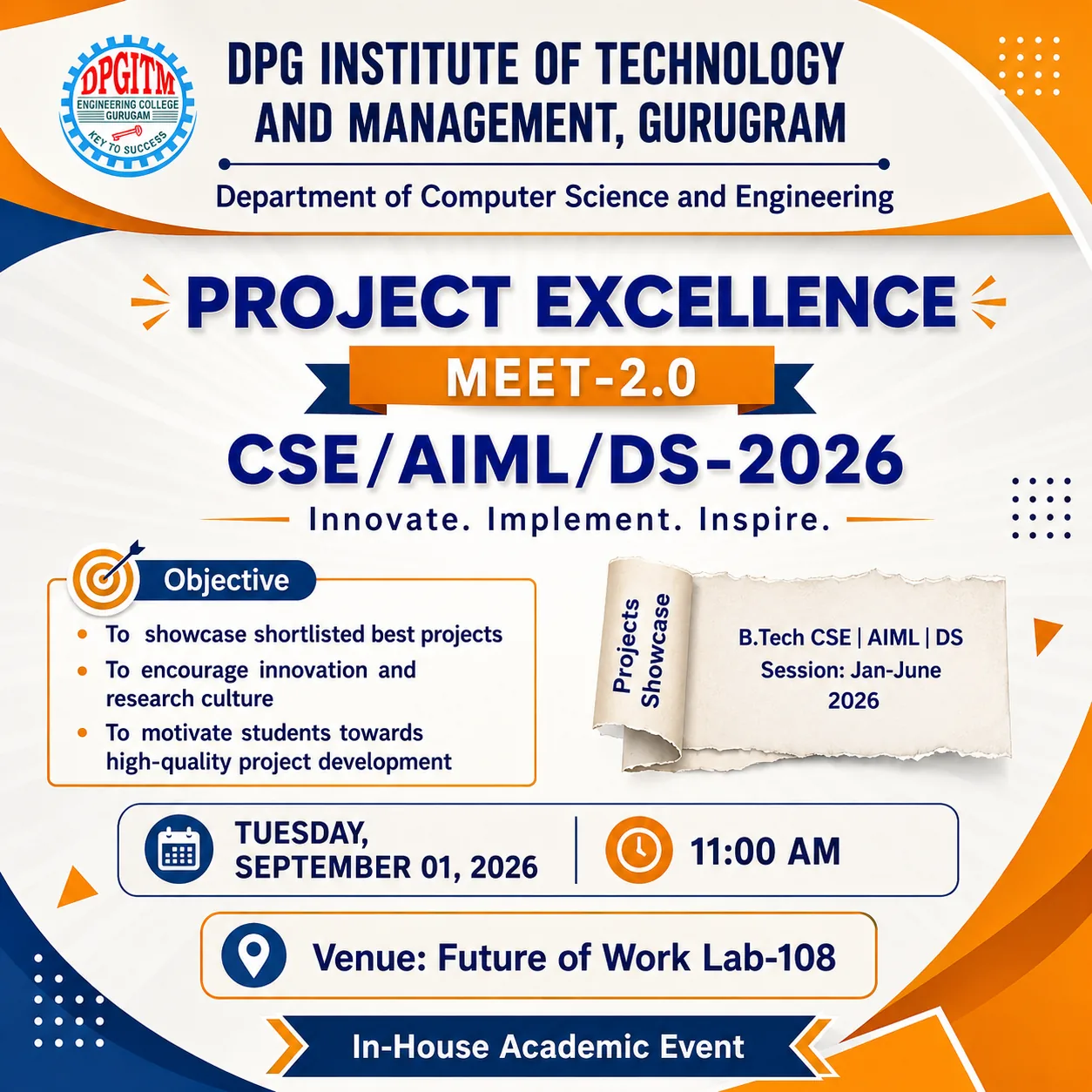 DPGITM Project Excellence Meet 2.0 for B.Tech CSE, AIML and DS - Tuesday 01 September 2026, 11:00 AM, Future of Work Lab-108