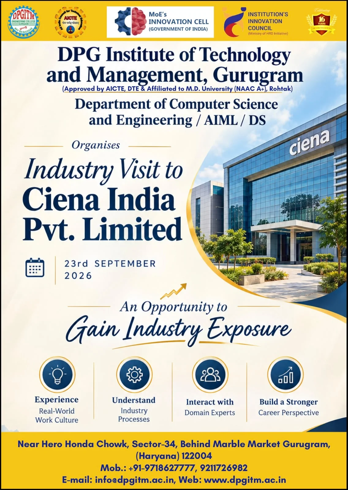 DPGITM Department of Computer Science and Engineering / AIML / DS - Industry Visit to Ciena India Pvt. Limited, 23 September 2026 - an opportunity to gain industry exposure