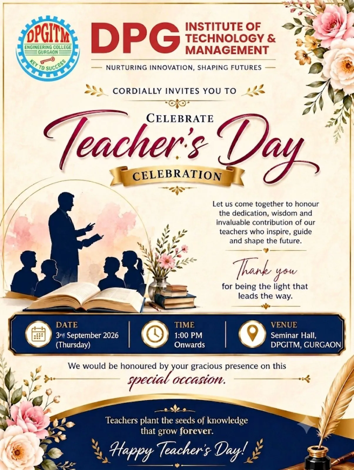 DPGITM Teacher's Day Celebration - Thursday 03 September 2026, 1:00 PM onwards, Seminar Hall, DPGITM Gurgaon