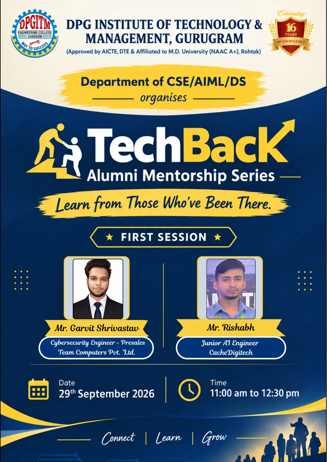 DPGITM Department of CSE / AIML / DS - TechBack Alumni Mentorship Series, First Session, 29 September 2026, 11:00 am to 12:30 pm - Mr. Garvit Shrivastav and Mr. Rishabh